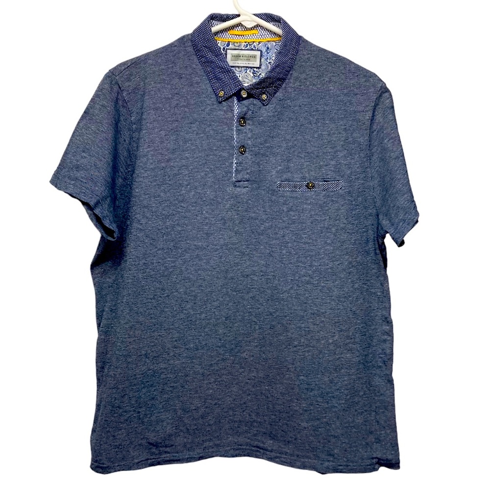 Denim & Flower Ricky Singh Polo Shirt XL Navy Blue and White Pique